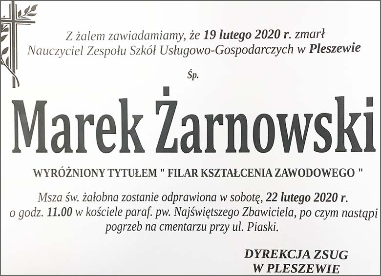 Marek Żarnowski - Nekrolog