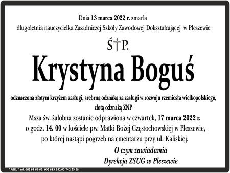 Z żalem informujemy, że dnia 13 marca 2022 r. zmarła długoletnia Nauczycielka Zasadniczej Szkoły Zawodowej Dokształcającej w Pleszewie